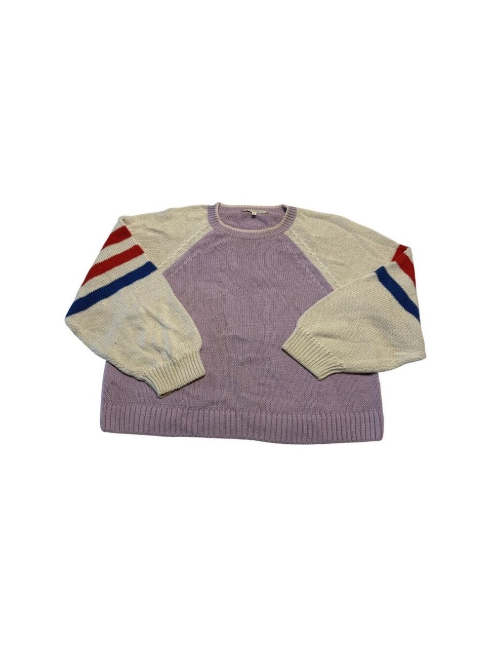 XiRENA Lilac Crewneck Sweater with Cream Sleeves and Red & Blue Stripe Detail